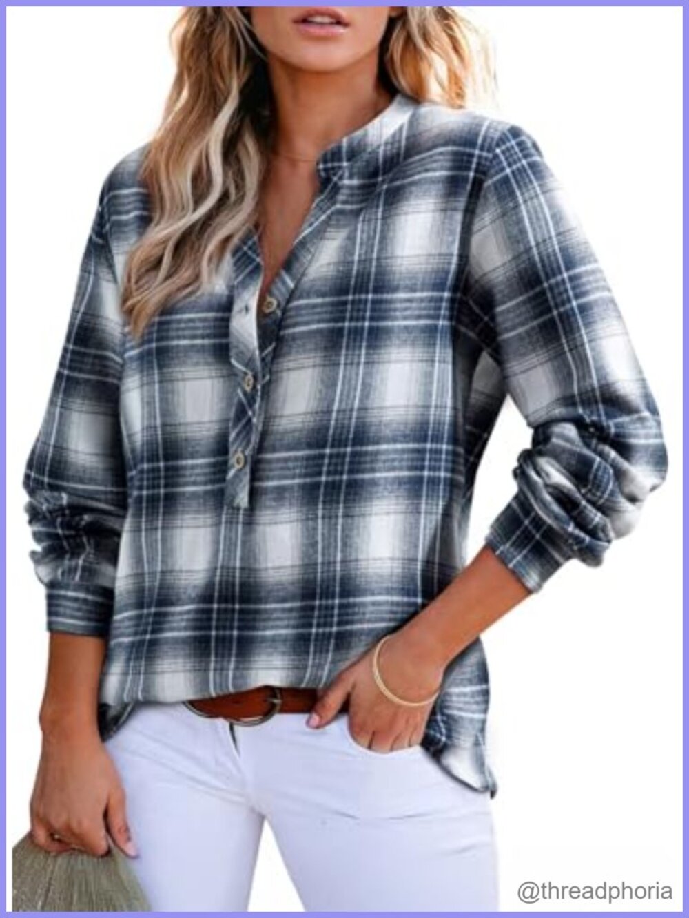 Women's V Neck Plaid Flannel Button Down Shirt Long Sleeve